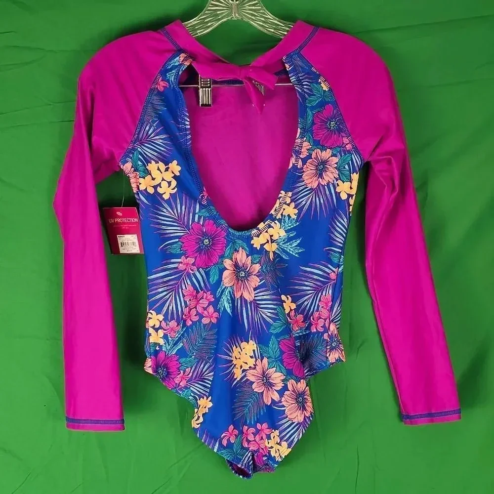NWT So Girls Purple Blue Floral Long Sleeve Surf Island Rashie Swimsuit 14‎
